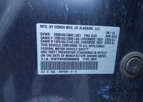 2019 Honda Pilot Touring z USA, uszkodzony, nr VIN 5FNYF6H60KB088890